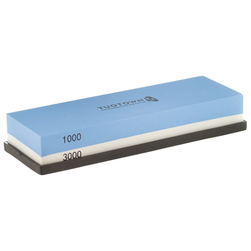 Точильный камень Tuotown водный 1000/3000, белый/голубой с резиновой подставкой и держателем угла заточки.