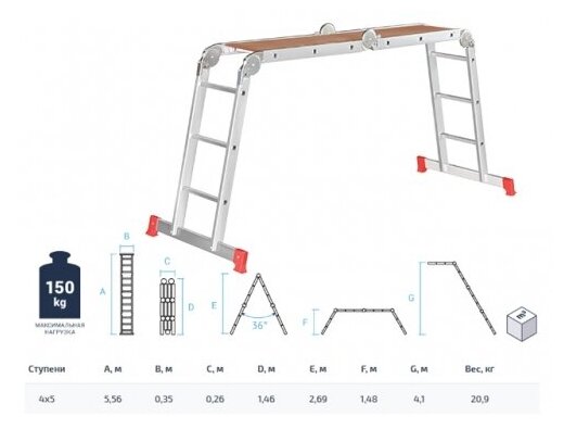 Четырехсекционная Лестница-трансформер с помостом Новая Высота 4х5 ступеней 2330405