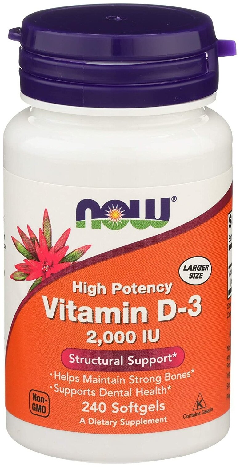 Высокоэффективный витамин Д3 2000 МЕ NOW Vitamin D-3 2000 IU High Potency 240 капсул/ Здоровые кости зубы и кожа / Укрепление иммунитета