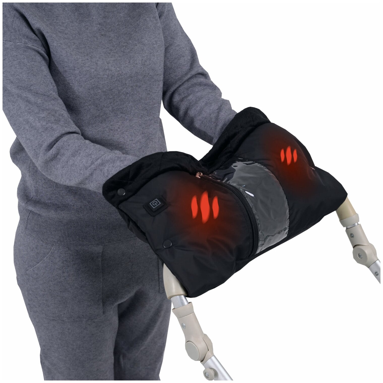 фото Муфта для рук на коляску с подогревом uMama, 3 режима нагрева, работа от Power bank через USB