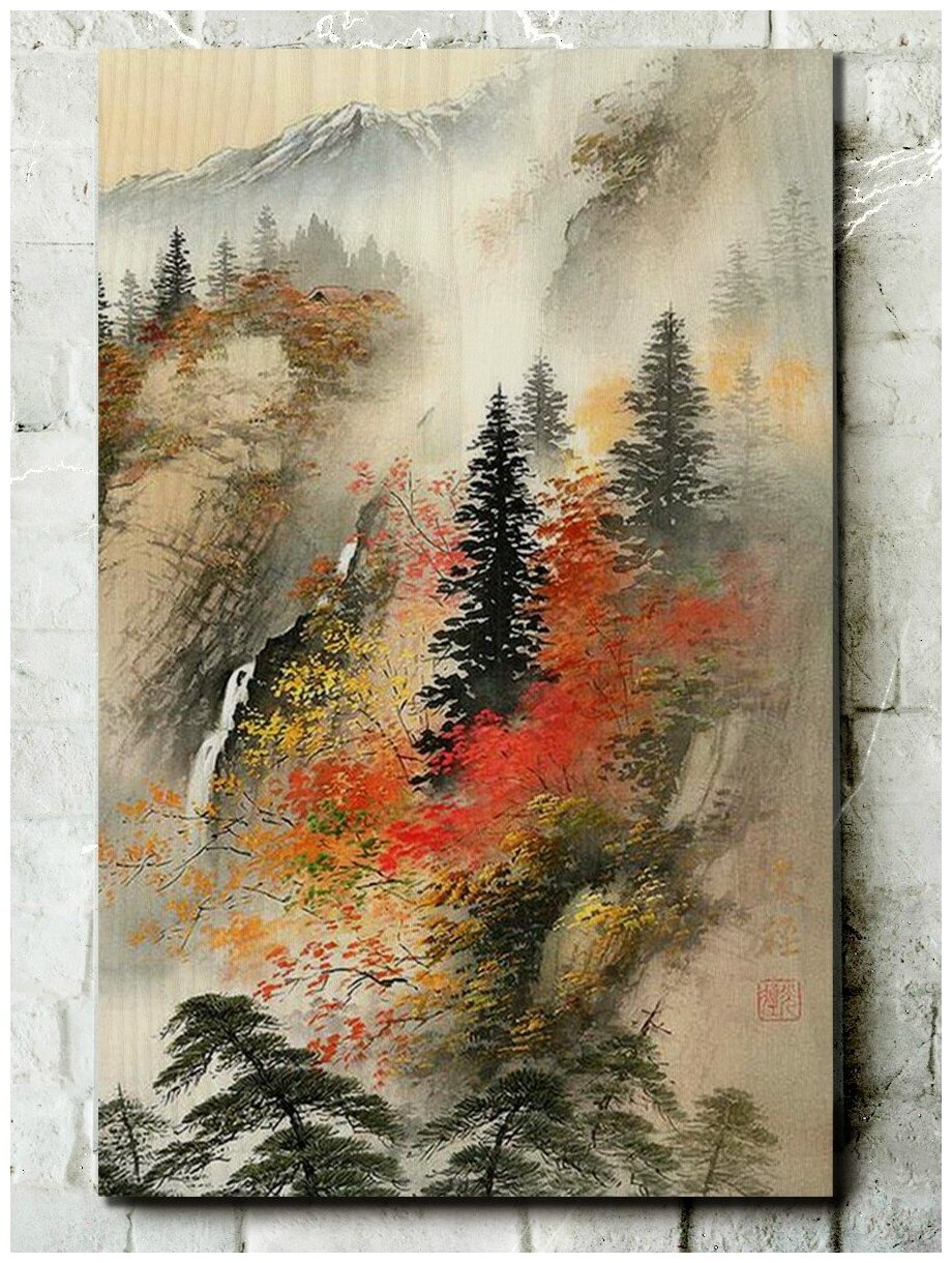 Картина интерьерная на дереве китайская живопись (Го - хуа, горы и воды) - 886