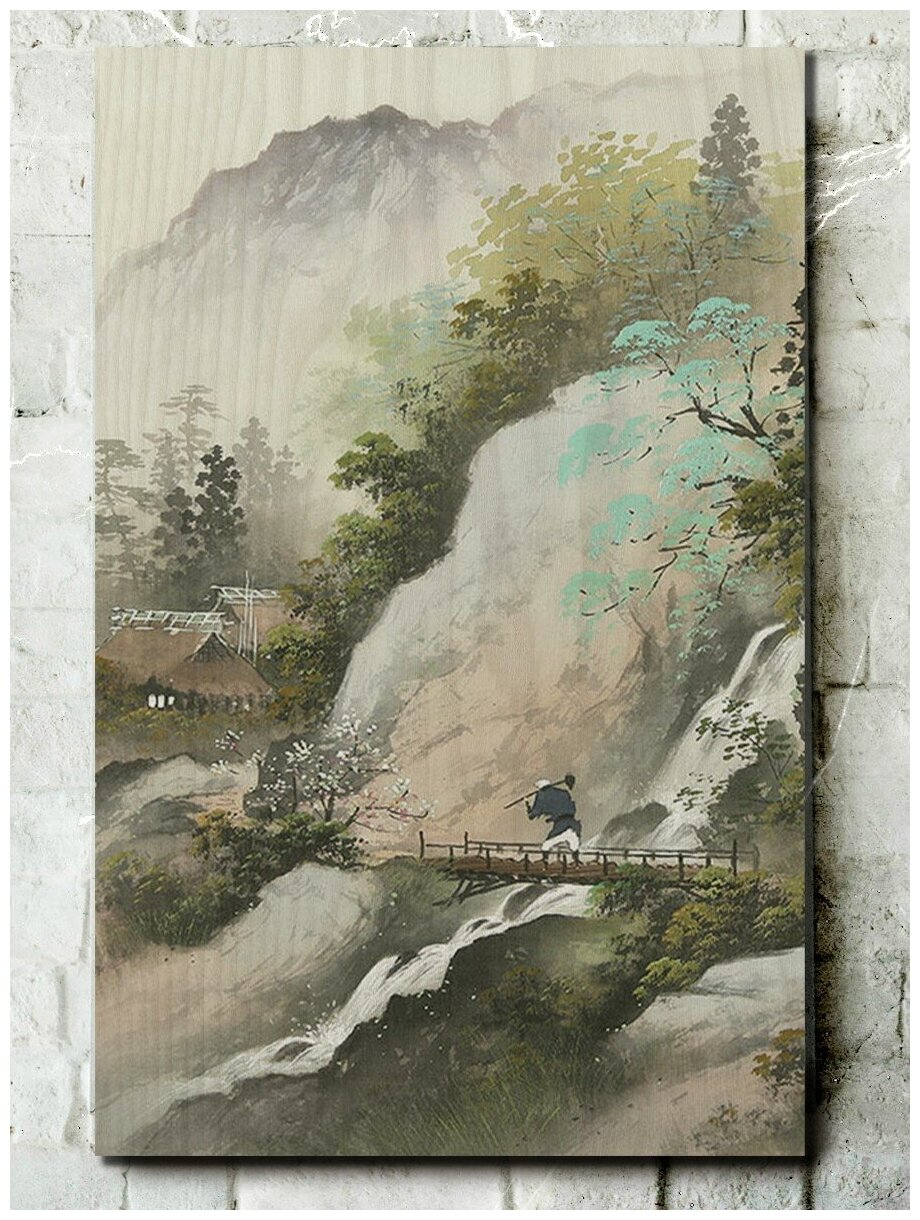 Картина интерьерная на дереве китайская живопись (Го - хуа, горы и воды) - 889
