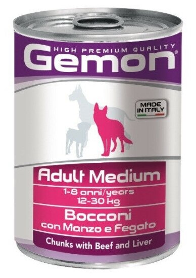 Gemon Dog Medium влажный корм для взрослых собак средних пород с кусочками говядины и печени в консервах 415 г x 24 шт