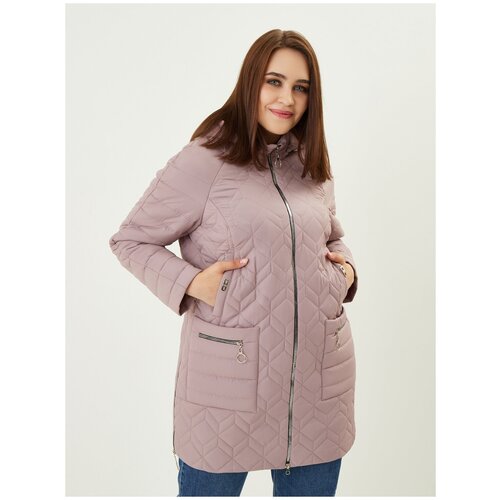 фото Куртка демисезонная, средней длины, силуэт прямой, карманы, стеганая, утепленная, влагоотводящая, съемный капюшон, размер 52, розовый neliy vincere