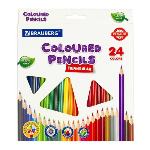 Карандаши цветные 24 цвета Brauberg Premium (L=176мм, d=3.3мм, 3гр, грифель мягкий) 3 уп. (181653) комплект 3 шт карандаши цветные brauberg premium 24 цвета трехгранные грифель мягкий 3 3 мм 181653