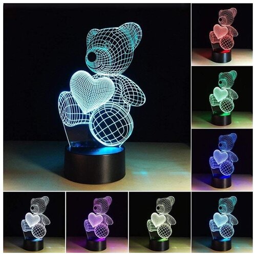 3D Светильник ночник Мишка с сердечком 7 цветов освещения