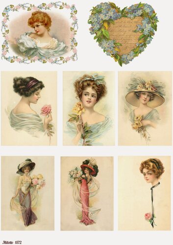 Изображение товара Рисовая бумага для декупажа А4 ультратонкая салфетка 1572 девушка узор открытка винтаж крафт Milotto