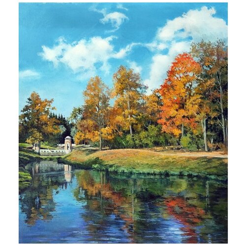 фото Картина на холсте маслом "на речке в осеннем парке" 70 x 57 см. автор: дубровин владимир (багетная рама в подарок) бачетта
