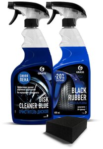 Фото Комплект по уходу за колесами (очиститель дисков blue 600мл, чернитель шин Black Rubber 600мл и губка поролоновая)