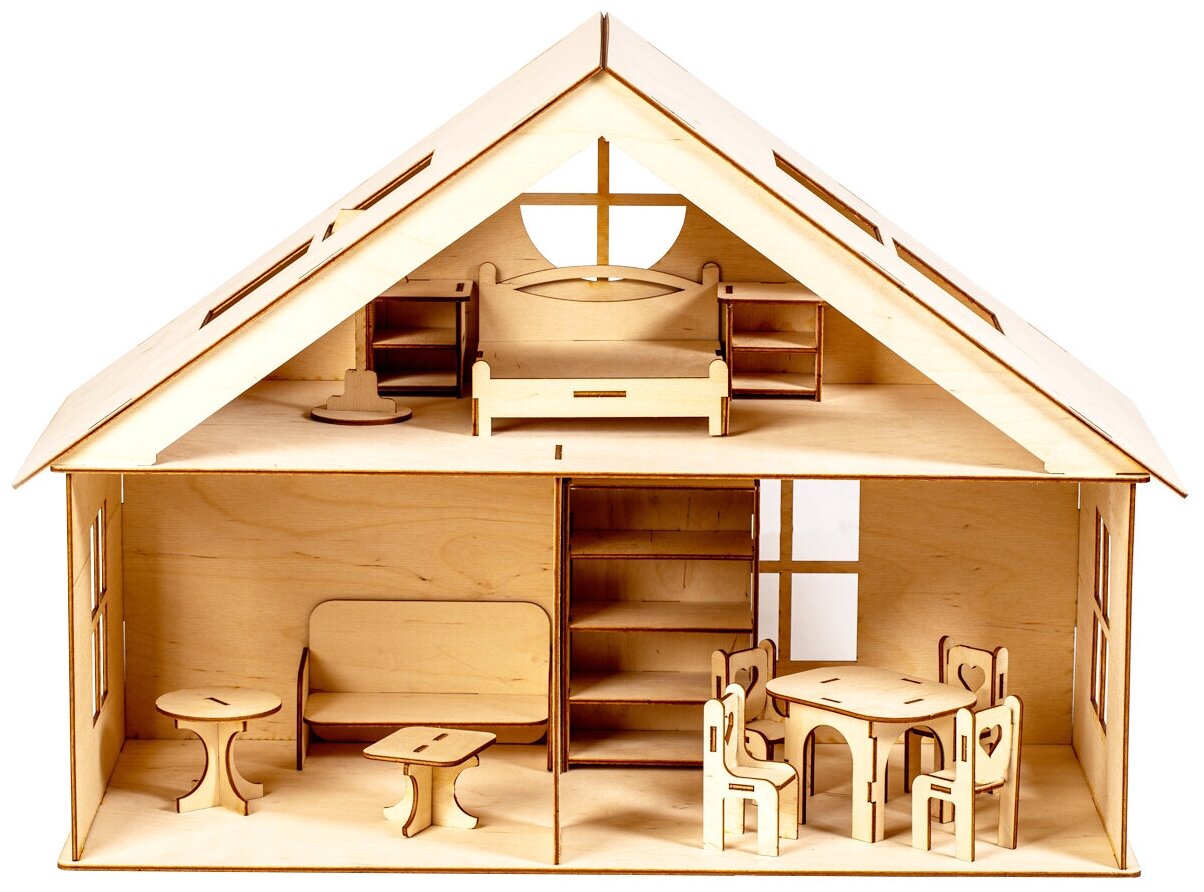 Деревянный Кукольный домик №7-1 "Малый c мебелью" (1 этаж с мансардой) для кукол 7-13 см