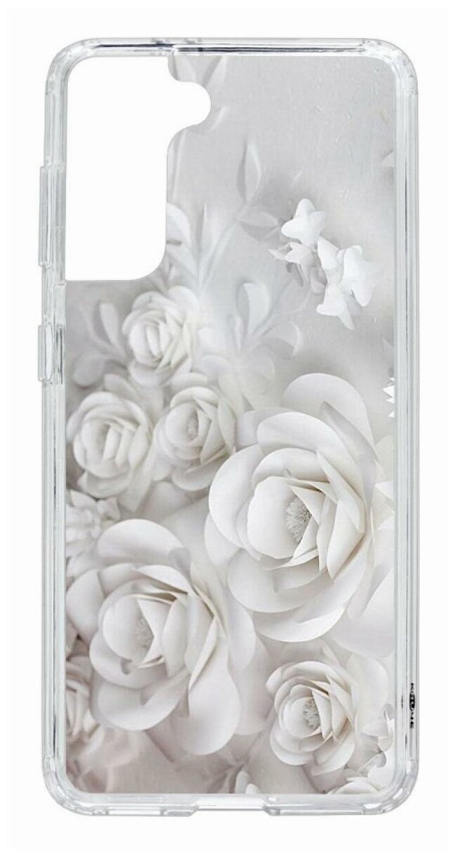 Чехол для Samsung Galaxy S21 Kruche Print White roses, пластиковая накладка, силиконовый бампер с защитой камеры, защитный прозрачный кейс с рисунком