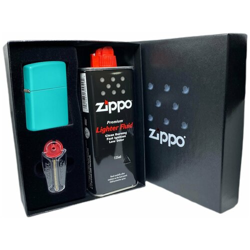 Подарочный набор ZIPPO ( Зажигалка ZIPPO 49454 Classic, бирюзовая, с покрытием Flat Turquoise + кремни + топливо, 125 мл )