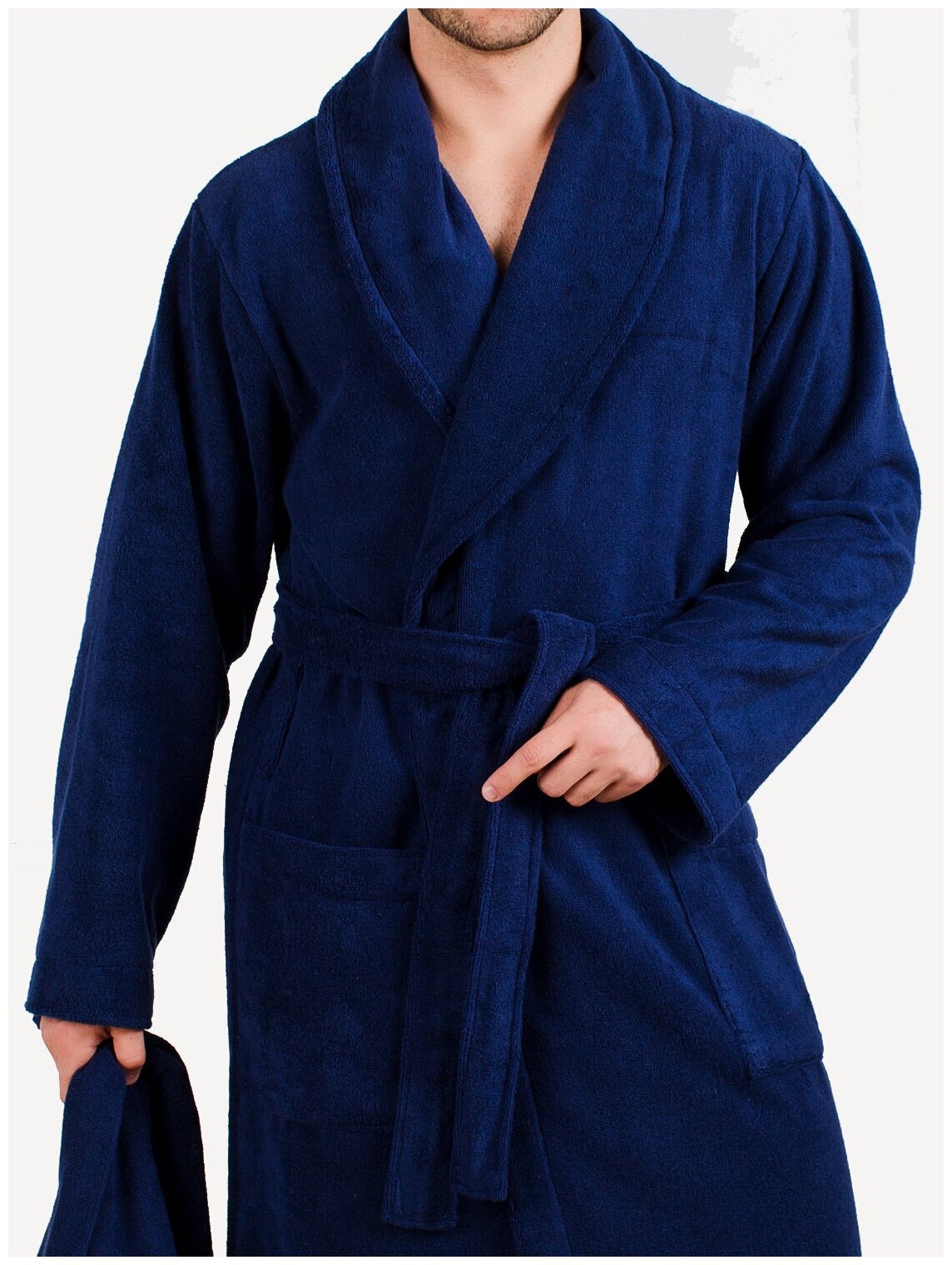 Мужской махровый халат с шалькой, темно-синий - фотография № 10