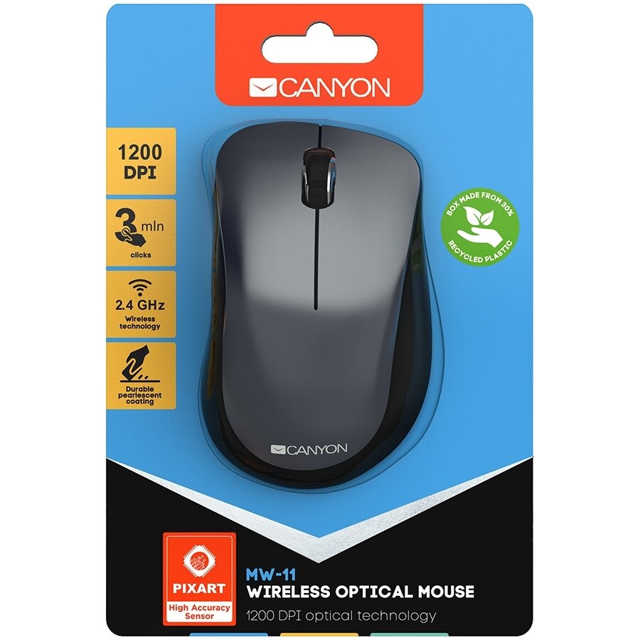 Мышь CANYON Canyon 2.4 GHz Wireless mouse, with 3 buttons, DPI 1200, Battery: AAA*2pcs, Black,67*109*38mm,0.063kg