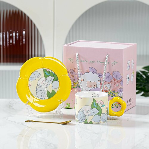 Чайный набор кружка для кофе для чая чашка с блюдцем и ложкой керамическая плешоп чайная пара посуда для дома в корейском стиле 280 мл 1599₽