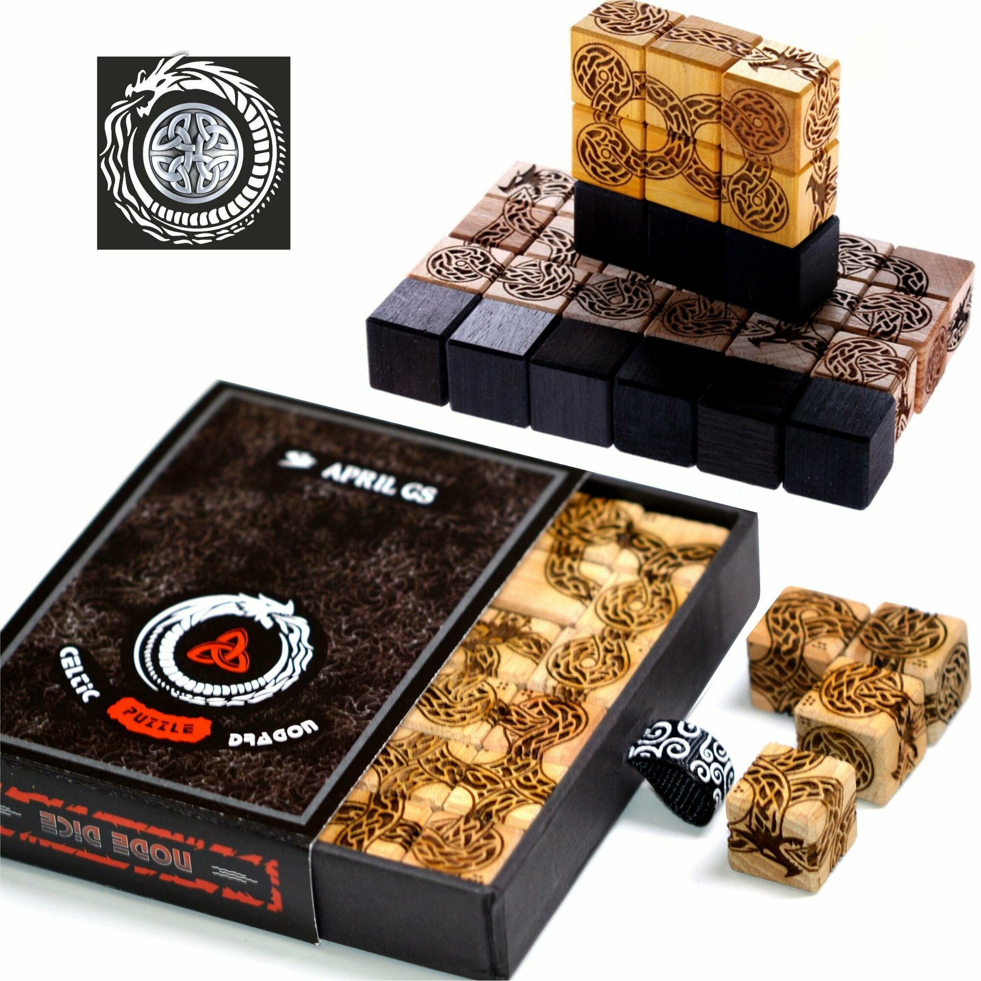 Настольная игра Кельтский Дракон Уроборос, 3D Головоломка от April GS / Собери узелки ползущего змея. Кубики из экзотической древесины-24 шт. в наборе, размер 16мм. Поставляется в картонной коробке