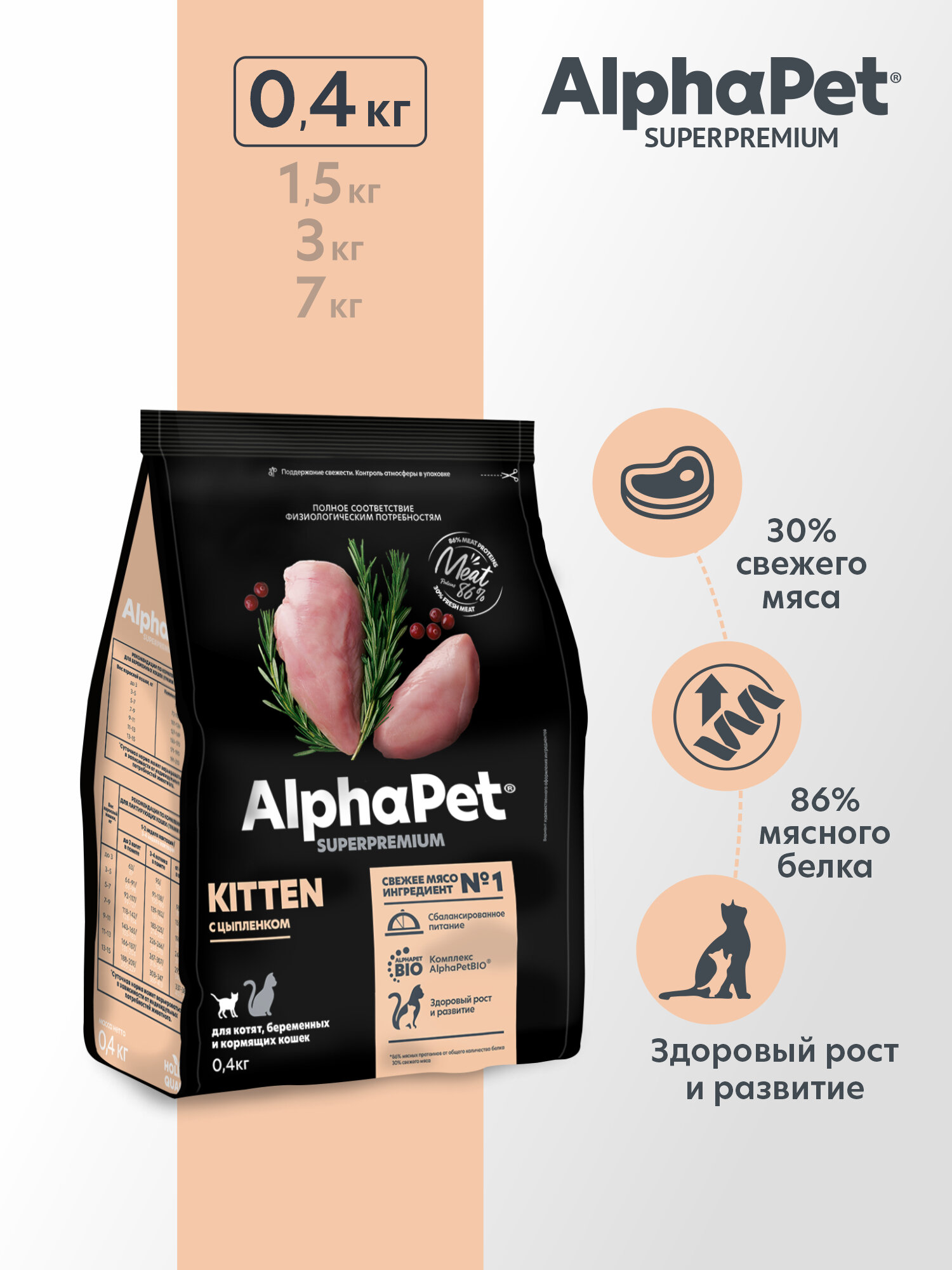 ALPHAPET SUPERPREMIUM 400 гр сухой корм для котят, беременных и кормящих кошек с цыпленком