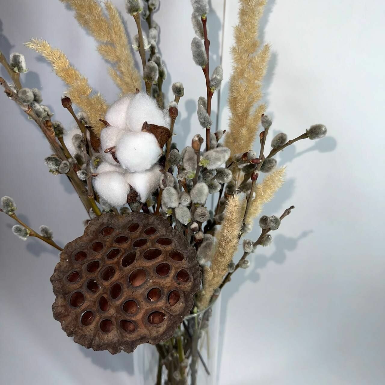 Сухоцветы для декора, верба живая натуральная срез 2024 года, лотос и хлопок лотос