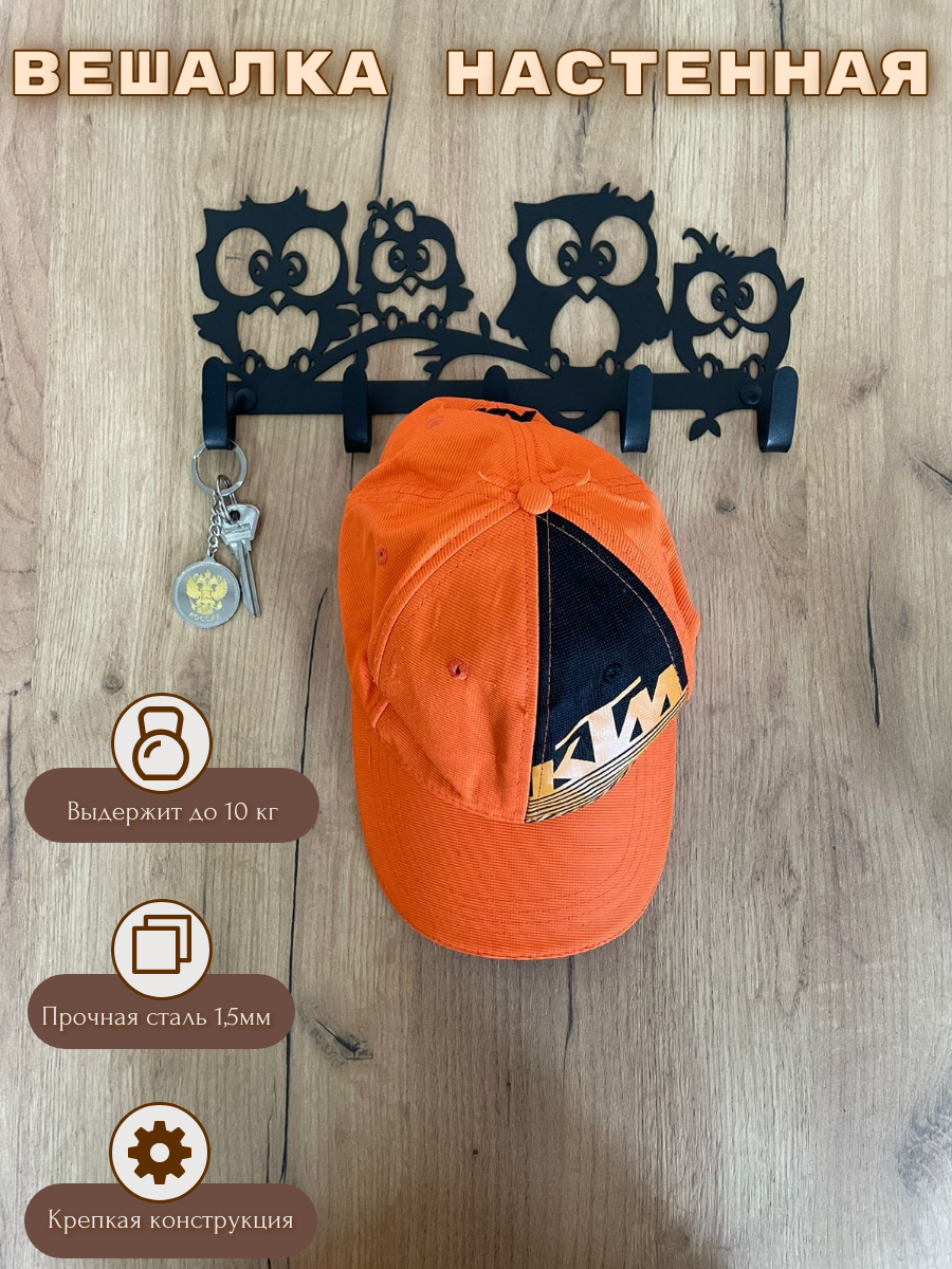 Вешалка настенная металлическая для прихожей и детской комнаты Совы, цвет черный с 5-ю крючками