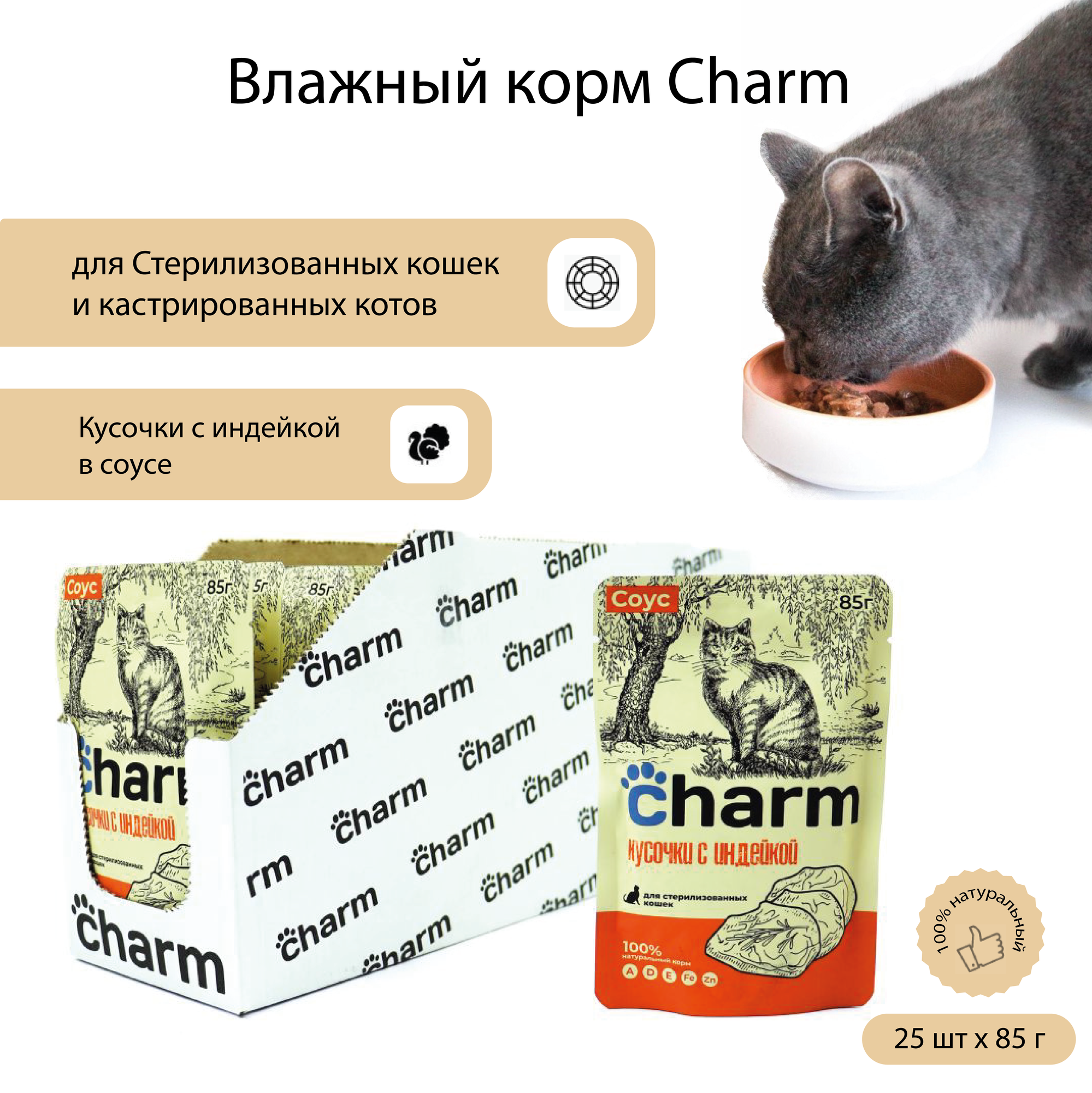 Влажный корм для стерилизованных кошек и кастрированных котов Charm Кусочки в соусе с индейкой 85 г х 25 шт