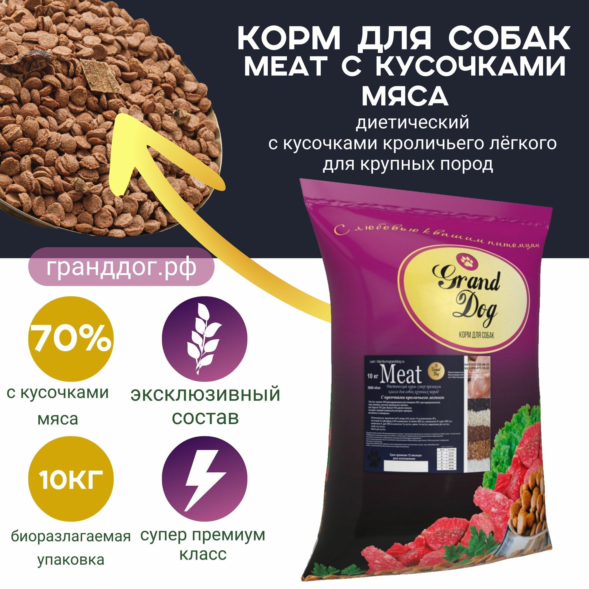 Meat с кусочками кроличьих мясопродуктов (легкое и рубец) для собак средних и крупных пород 10кг