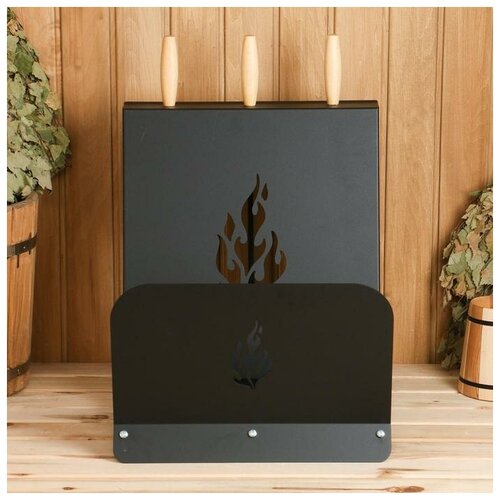 фото Каминный набор с дровницей 3 предмета (щетка, совок, кочерга) черный mikimarket