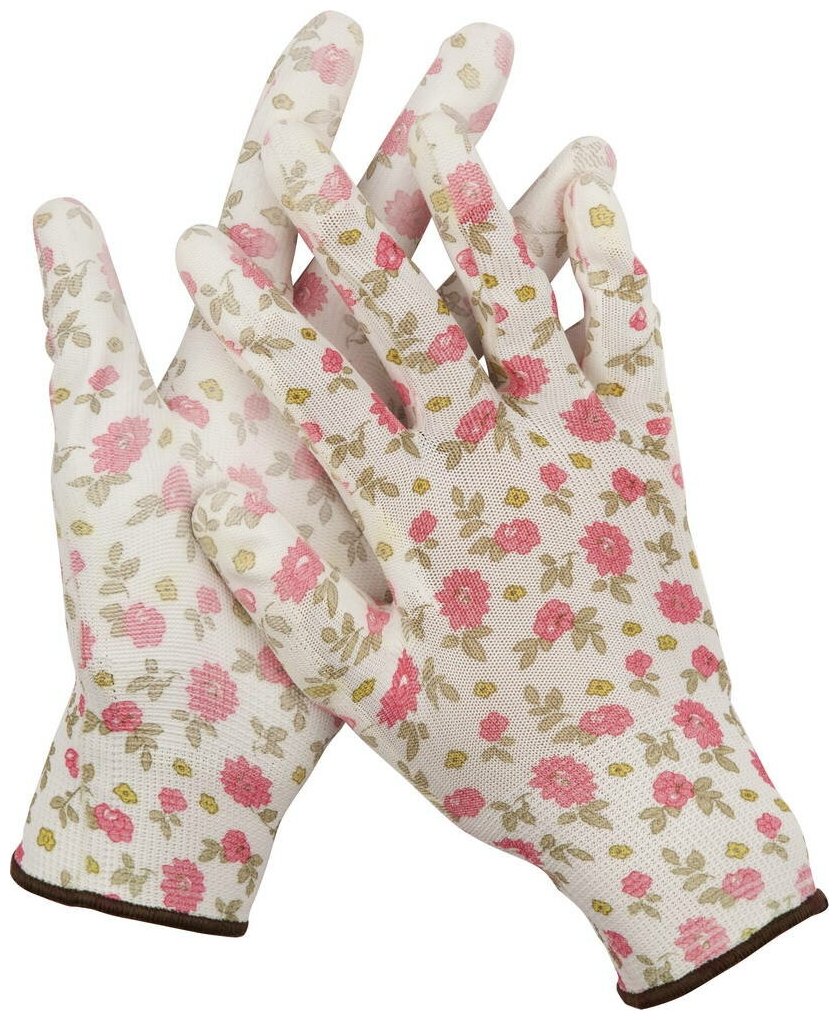 Садовые перчатки GRINDA прозрачное PU покрытие р. L бело-розовые (11291-L)