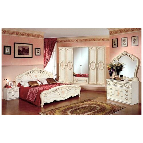 Спальный гарнитур Диа Роза цвет: беж глянец(кровать 160х200, шкаф 6дв, тумбочки 2шт, комод с зеркалом)
