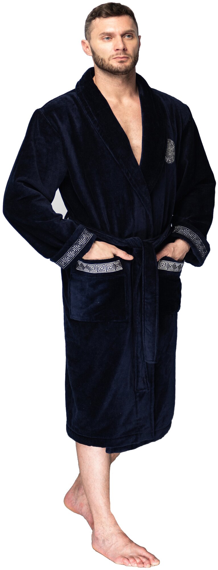 Халат мужской велюровый Gianni, воротник шалька, вышивка (синий) (XL) - фотография № 7