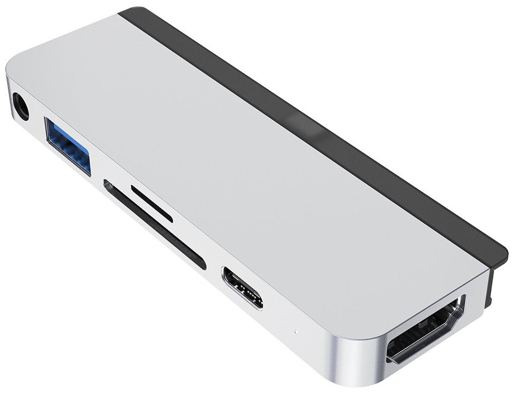 USB хаб Hyper HyperDrive 6-in-1 USB-C Hub для iPad Pro. Порты: HDMI 4K60Hz, USB-C 5Gbps 60W, MicroSD UHS-I 104MB/s, SD UHS-I 104MB/s, USB-A 5Gbps, 3.5mm Audio Jack. Цвет: серебряный.