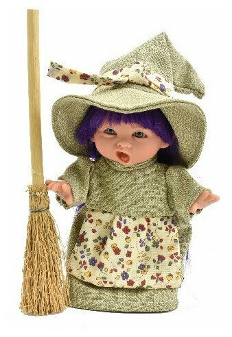 Пупс-мини Ведьмочка с фиолетовыми волосами в бежевом платье и шляпе 18 см