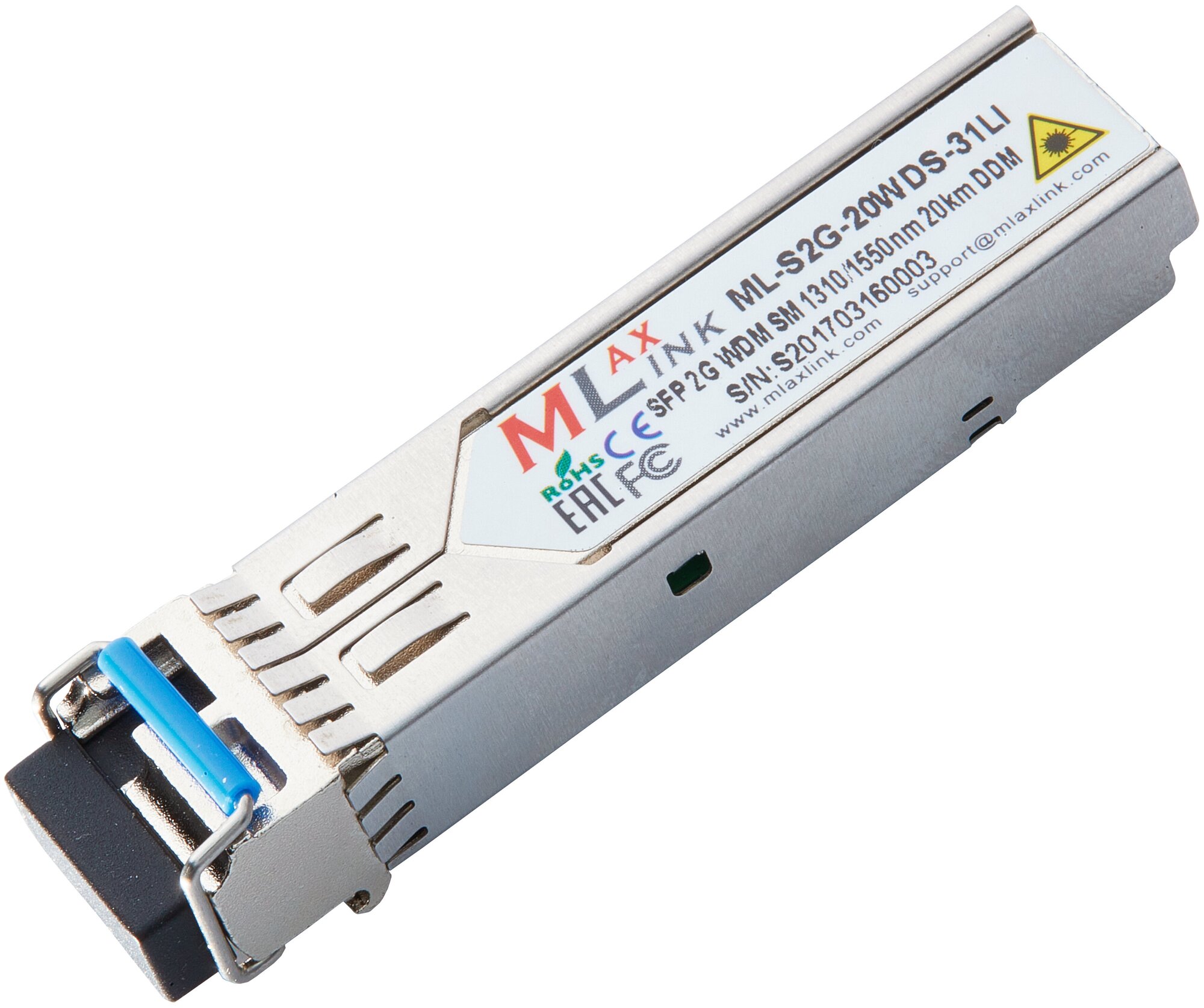 Модуль MlaxLink оптический одноволоконный SFP WDM, 2.5Гб/с, 1310/1550нм, 20км, LC, DDM, Промышленный (ML-S2G-20WDS-31LI)