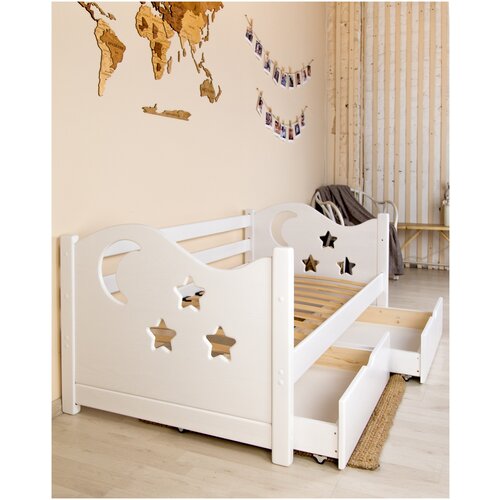 Кровать детская Луна (с матрасом Неженка 3, с ящиками, с бортиком, для детской, деревянная, белая), 160х80