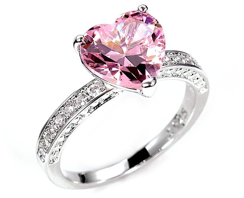 Кольцо женское с розовым камнем в виде сердца 