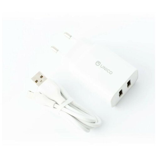 Кабель Unico Сетевое ЗУ, 2xUSB 2.0, вх 2,4А, вых 5V/2.4A 12W max, защита от КЗ, черный, вкл lightning, белый, RTL BOX
