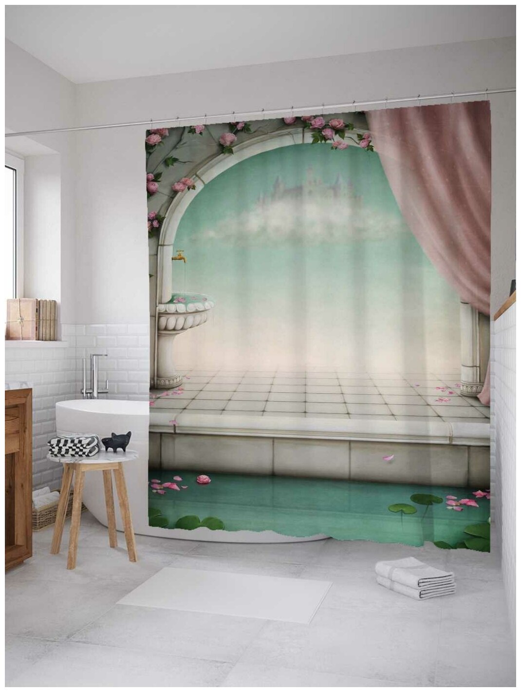 Штора водоотталкивающая для ванной, занавеска в ванную комнату тканевая JoyArty "Цветочный дворец", 180х200 см