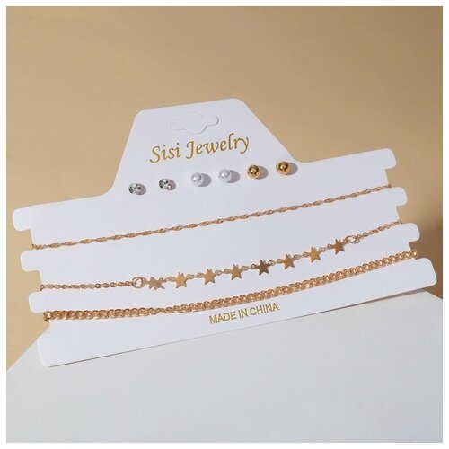 фото Набор: 3 колье, 3 пары пуссетов "эстетика" звёзды, цвет белый в золоте, l=30 newstore