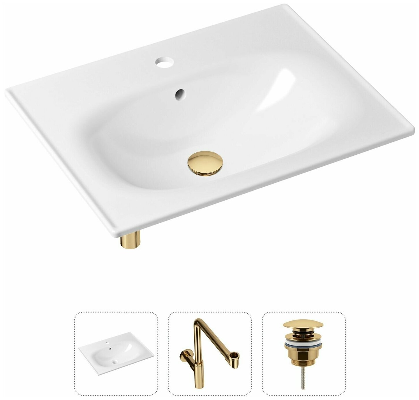 Комплект 3 в 1 Lavinia Boho Bathroom Sink 21520482: врезная фарфоровая раковина 60 см, металлический сифон, донный клапан