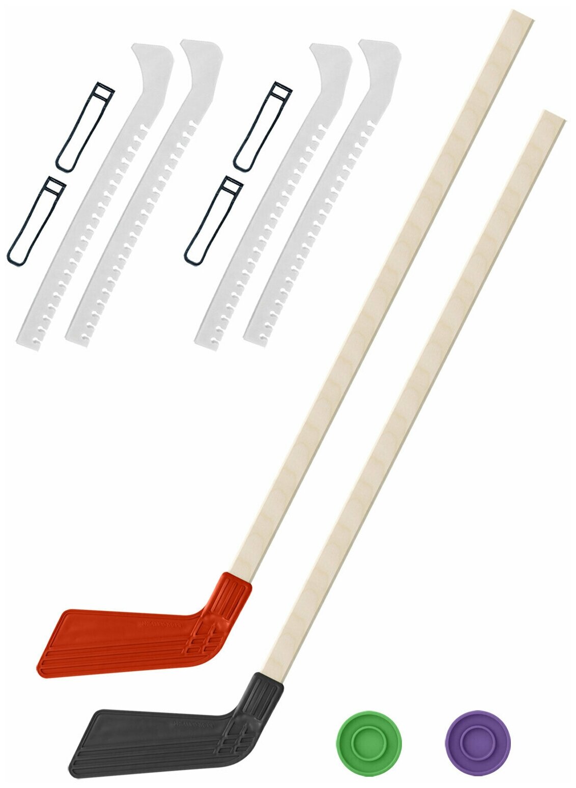 Детский хоккейный набор для игр на улице Клюшка хоккейная детская 2 шт. красная и чёрная 80 см.+2 шайбы + Чехлы для коньков белые - 2 шт.