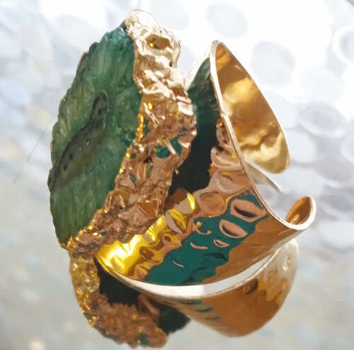 Кольцо Кольцо Крупный Агат Жеод перстень безразмерный медь под золото, жеод, агат, безразмерное, зеленый