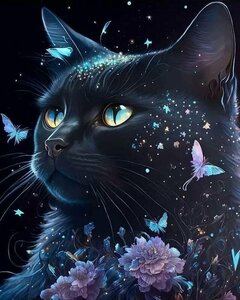 Фото Алмазная мозайка (картина) Черный кот, без подрамника. Размер полотна 30*40 см, размер готовой картины 25*35см