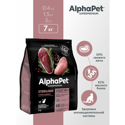 Сухой полнорационный корм с уткой и индейкой для взрослых стерилизованных кошек и котов AlphaPet Superpremium 7 кг