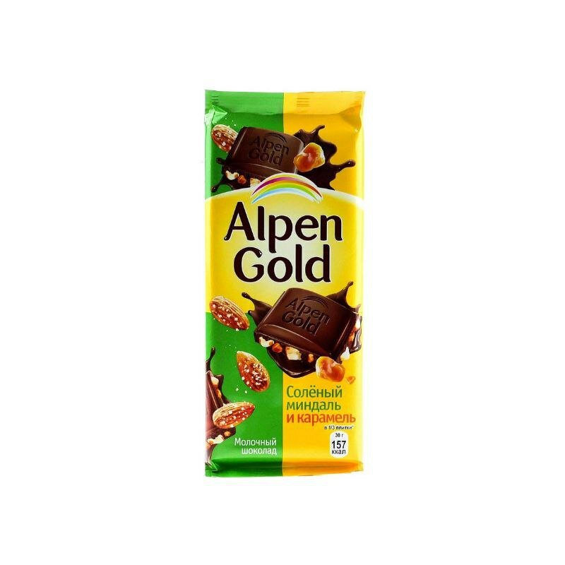 Шоколад ALPEN GOLD (альпен гольд) молочный начинка соленый миндаль, карамель 85 г