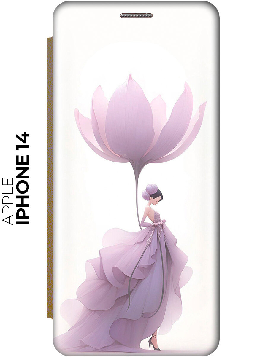 Чехол-книжка на Apple iPhone 14 / Эпл Айфон 14 с рисунком "Цветочная девушка" золотой
