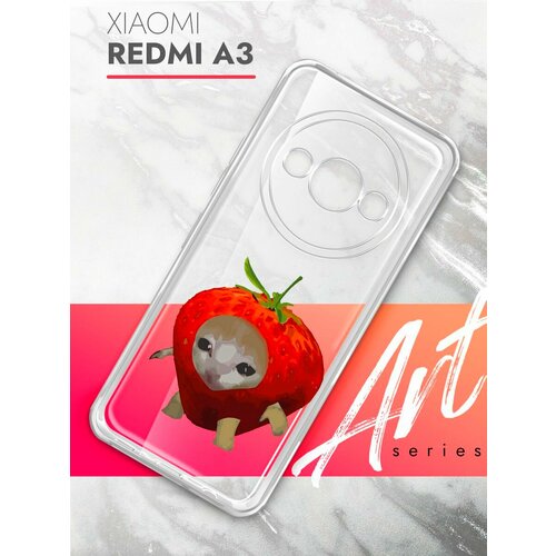 Чехол на Xiaomi Redmi A3 (Ксиоми Редми А3), прозрачный силиконовый с защитой (бортиком) вокруг камер, Brozo (принт) Котик в Клубнике чехол на xiaomi redmi a3 ксиоми редми а3 синий матовый силиконовый с защитой бортиком вокруг камер brozo принт котик пьет