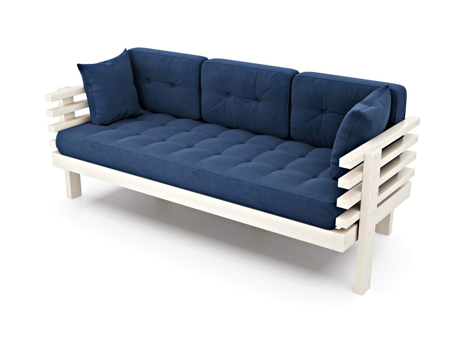 Садовый диван СТОУН-Б-С, синий-беленый дуб, велюр, трехместный, деревянный, в гостиную, в прихожую, скандинавский лофт