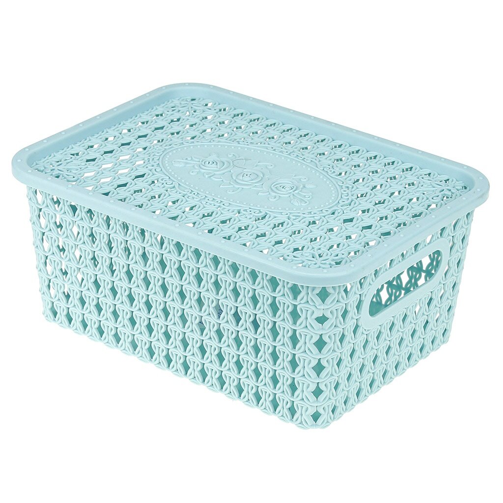 Корзина-ящик Домашняя Мода пластмассовая, для хранения, 24х17,5 см, высота 10,5 см, с крышкой, с ручками голубой
