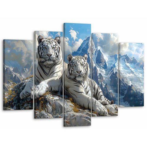 Большая картина для интерьера на стену "Тигры" 80x125 см MK050347 голубой