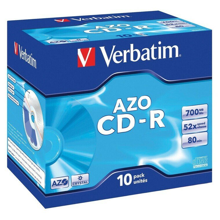 Диск CD-R Verbatim 700MB, 52x, комплект 10шт, JEWEL-футляр (43327)