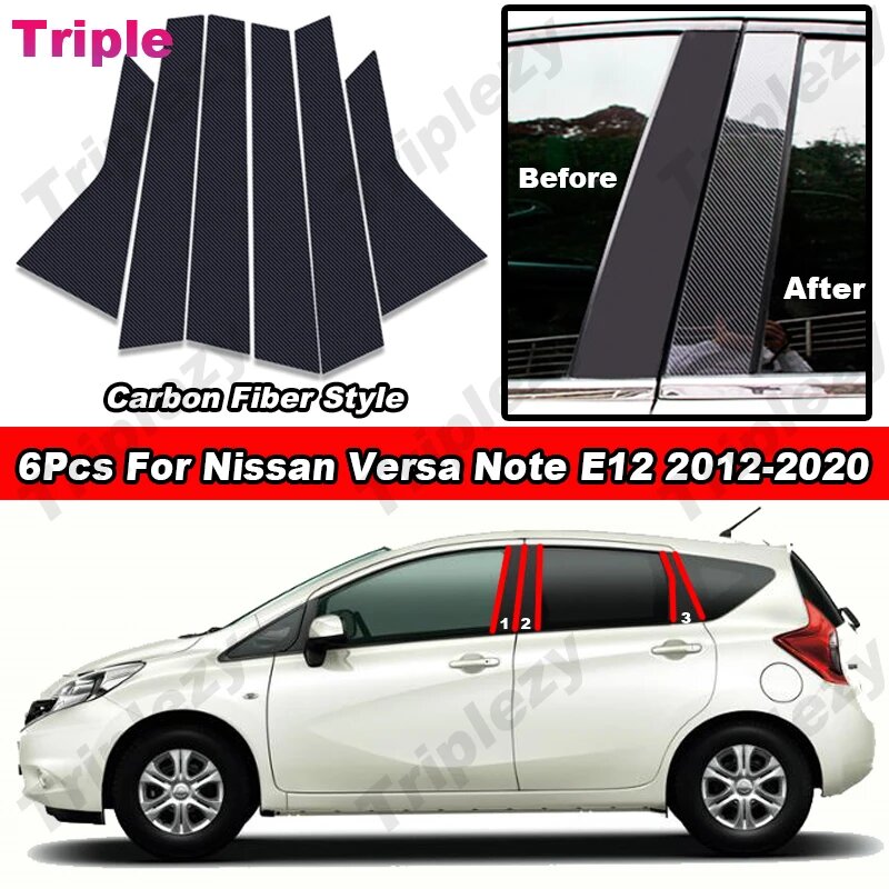 Накладка на окно Nissan Versa Note E12 2012-2020, 6 шт, Carbon Fiber